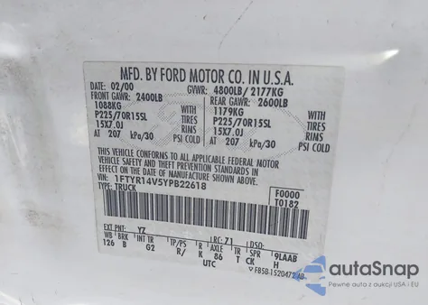 2000 Ford Ranger Xl/Xlt from USA, damaged, VIN 1FTYR14V5YPB22618